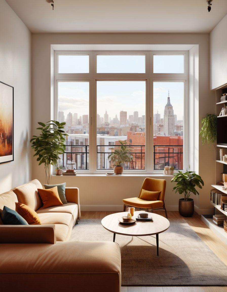 A cozy apartment interior showcasing a stylish living room with a welcoming atmosphere, featuring a large window with natural light streaming in. Include a happy diverse couple discussing apartment options while surrounded by open house brochures and a laptop. Add an urban view through the window, symbolizing city life. Illustrate vibrant colors and warm lighting to create an inviting vibe. super-realistic. vibrant colors. white background.