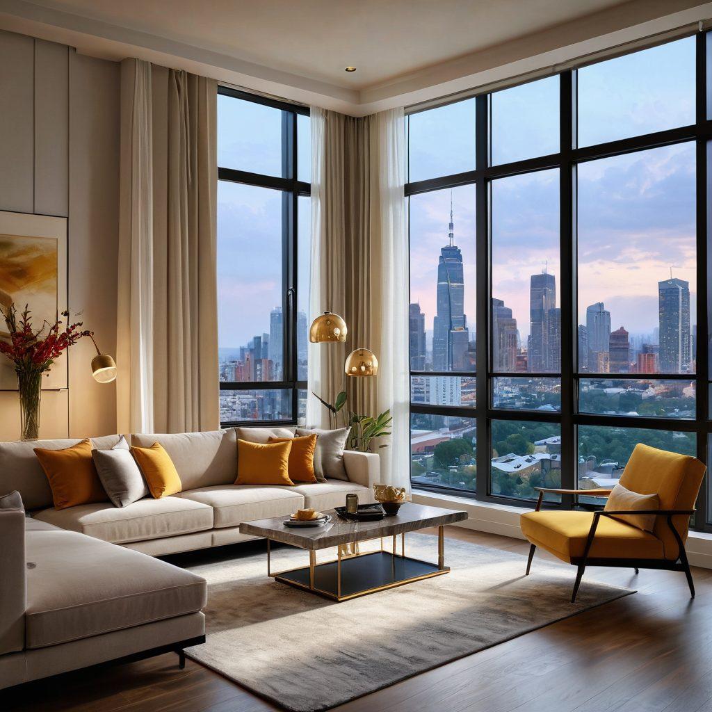 A luxurious yet affordable apartment interior featuring a stylish living room with modern furnishings, a beautiful view of the city skyline through large windows, and elegant decor elements that showcase comfort and elegance. Include a blend of a contemporary condominiums and cozy flat designs, highlighting diversity in affordable luxury. Warm and inviting ambiance with soft lighting. super-realistic. vibrant colors.