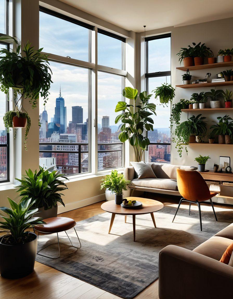 A beautifully staged, modern apartment featuring a mix of luxurious and affordable decor elements, showcasing cozy interiors with plants, large windows letting in natural light, a stunning skyline view in the background, and people happily exploring the space. The setting should radiate warmth and accessibility. super-realistic. vibrant colors. warm lighting.